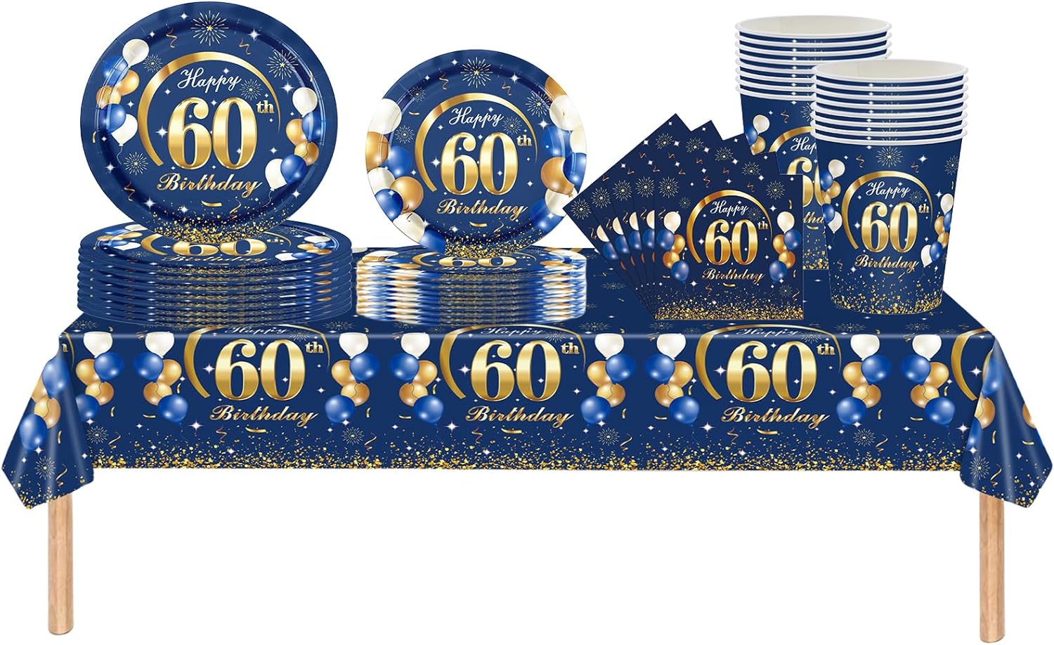 Table Number Gold - ネイビーブルーゴールド60歳の誕生日の装飾、テーブルクロス、紙皿、ナプキン、カップ、女性用テーブル、幸せな60歳の誕生日テーブル